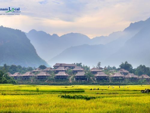 Mai Chau, is a serene valley enveloped by lush greenery and stilt houses.