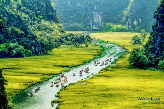 Tam Coc, where emerald rice paddies, meandering rivers.